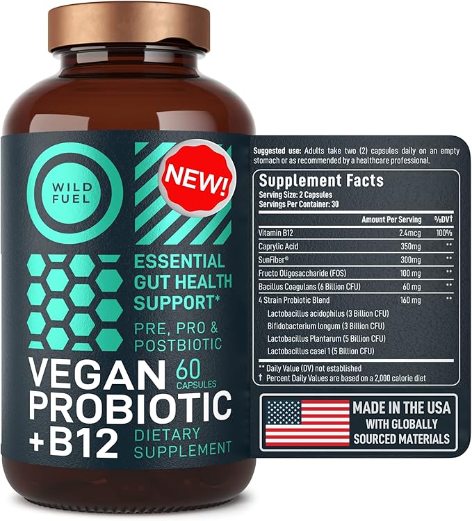 Vegan Probiotic Plus B12-22 Billion CFU Synbiotics Prebiotics and Probiotics for Digestive Health, IBS, Mood Support - B12 with FOS Pre Pro Post Biotics for Women & Men - 60 Gluten-Free Capsules