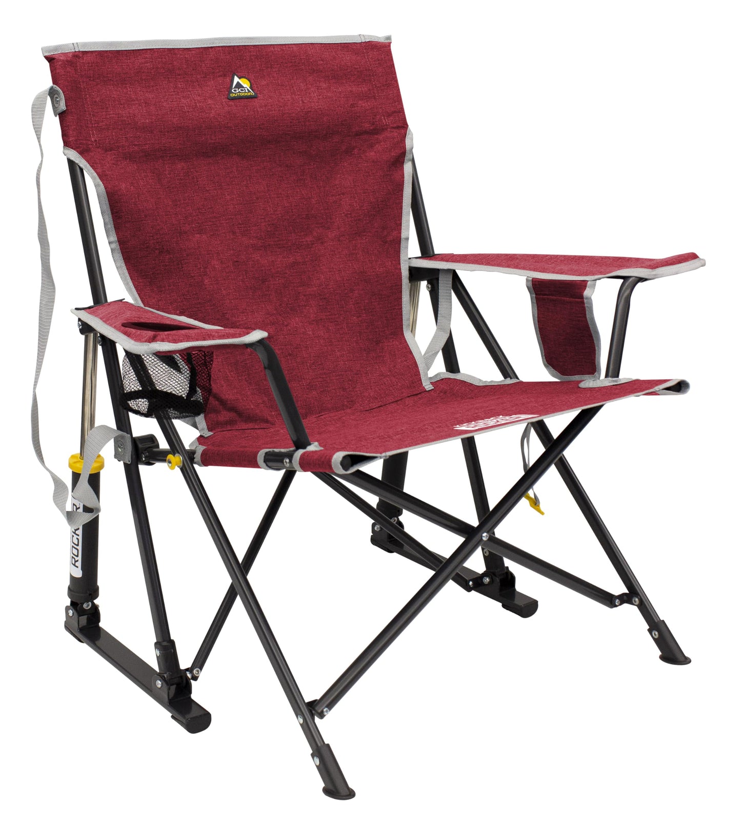 GCI Outdoor Kickback Rocker Camping Chair | Portable Folding Rocking Chair with Durable Armrests, Drink Holder & Relaxed Lowered Seat for Comfort — Red