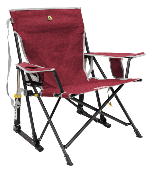 GCI Outdoor Kickback Rocker Camping Chair | Portable Folding Rocking Chair with Durable Armrests, Drink Holder & Relaxed Lowered Seat for Comfort — Red
