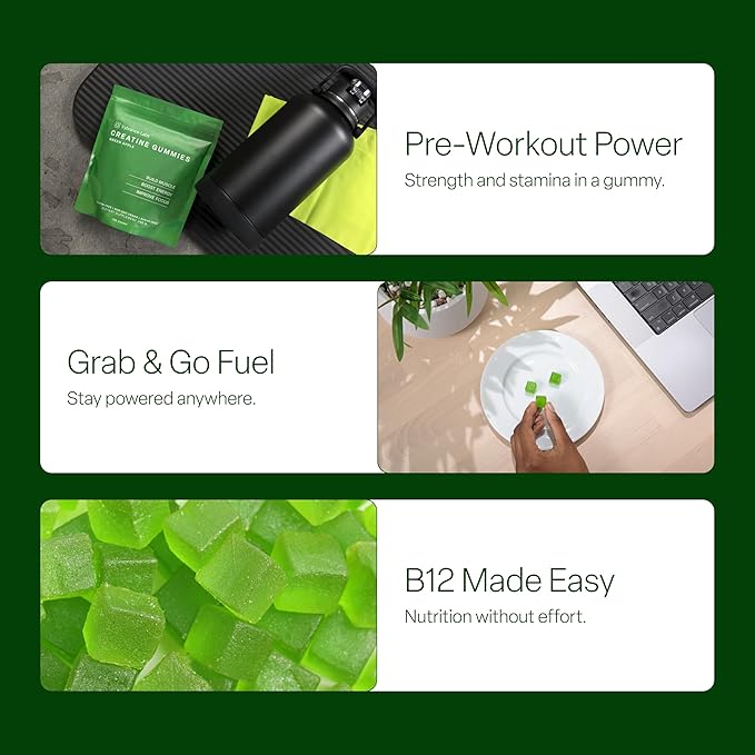 Creatine Monohydrate Gummies for Women & Men - 5g Creatine with Taurine & B12 for Energy, Muscle & Focus | Vegan, Sugar Free, Gluten-Free | Creatine Monohydrate | 120 ct Green Apple