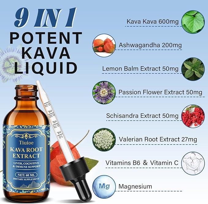 Potent Kava Kava Drink, Kava Drops with High Concentration of Kava Root, Ashwagandha, Lemon Balm, Valerian Root, Kava Extract for Immune Health, Vegan & Alcohol Free, 60ml
