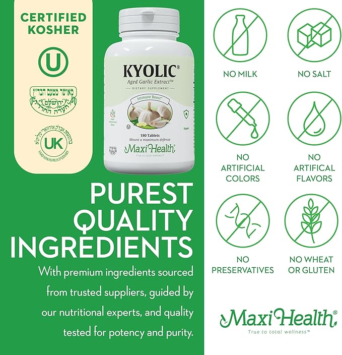 Maxi Health Kyolic Organic Garlic Supplement - Kosher Garlic Tablets with Kyolic Aged Garlic Extract for Immune Support - Vegetarian Garlic Pills (180 Count)