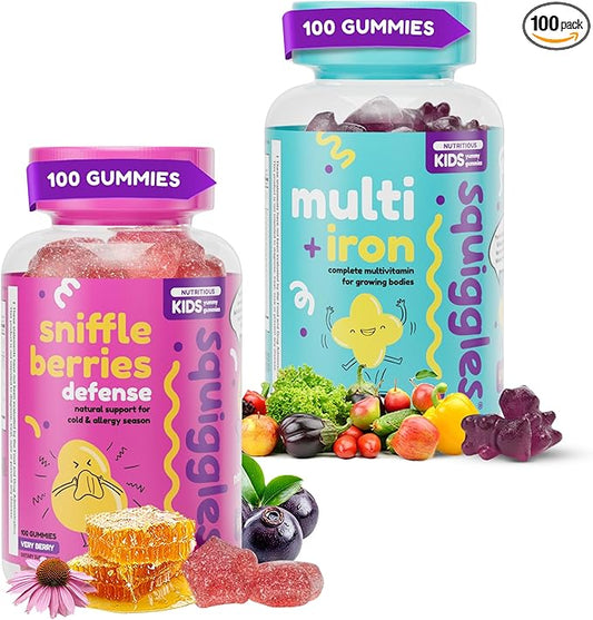 Squiggles Sniffle Berries (100 Count) + Multivitamin Iron Gummies (100 Count) - Low Sugar Gummy Vitamins with Iron Supplements for Kids & Kids - Bundle