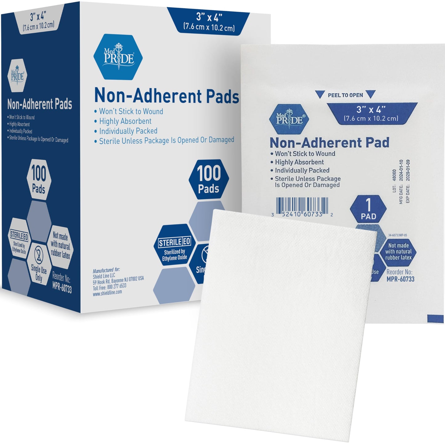MED PRIDE Sterile Non-Adherent Pads| 100-Pack, 3"x 4"| Non-Adhesive Wound Dressing| Highly Absorbent & Non-Stick, Painless Removal-Switch| Individually Wrapped for Extra Protection