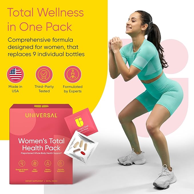 Women's Total Health Daily Vitamin Packs - All in One Multivitamin for Women, Essential Vitamins & Minerals for Energy, Stress, Digestion & Gut Health, Female Wellness Supplement, 30 Packets
