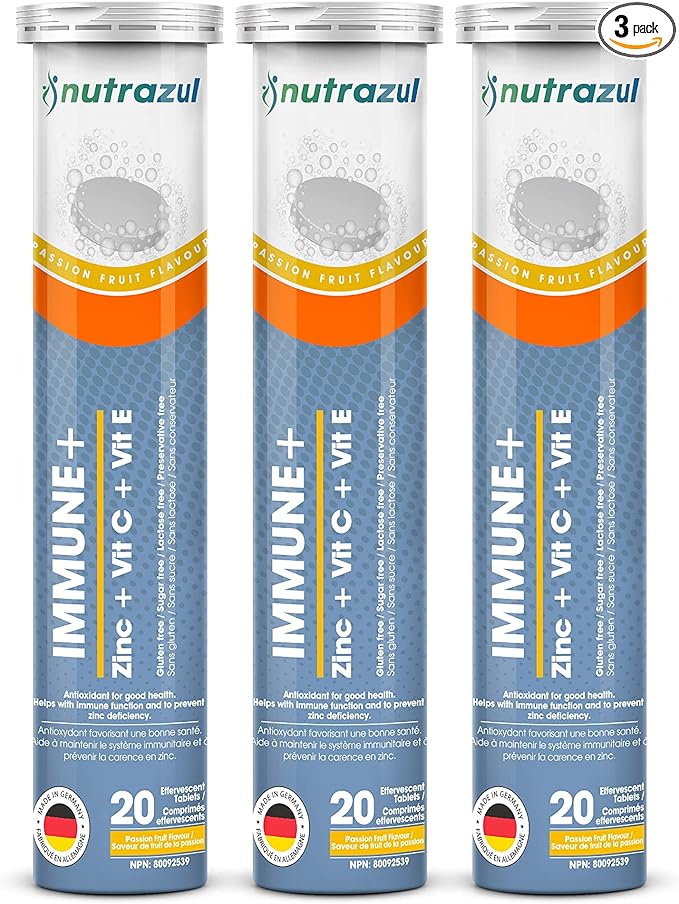 nutrazul Immune+ Effervescent Tablets | Vitamin C and Zinc with Vitamin E | 60 Tablets | Immune Support for Adults & Kids | Ideal for Flu Season Protection | Passion Fruit Flavor
