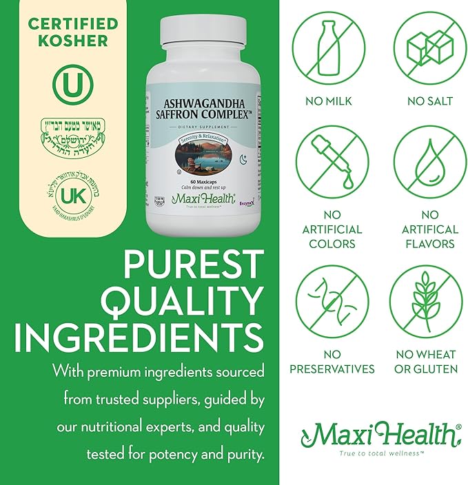Maxi Health Ashwagandha Saffron Complex 600mg with 30mg Saffron Extract, Serenity and Relaxation, Calm and Mood Support - Vegetarian Non GMO Gluten Free Kosher Saffron Supplements, 60 Capsules