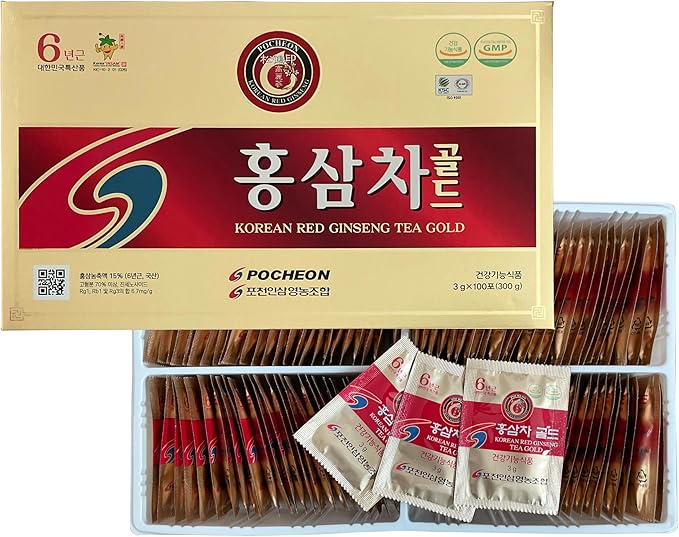 Pocheon 300g(10.6oz), Korean 6Years Panax Red Ginseng Root Extract Tea Gold, 100 Tea Bags, 15% Ginseng Extract, Natural Immune Support