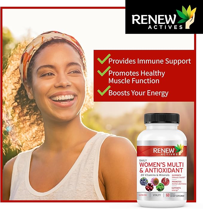 Renew Actives Women's Multi-Vitamin & Antioxidant: Daily Health Supplement - 22 Vitamins & Minerals for Energy & Mental Alertness, 2 Capsules per Serving - 60 Capsules