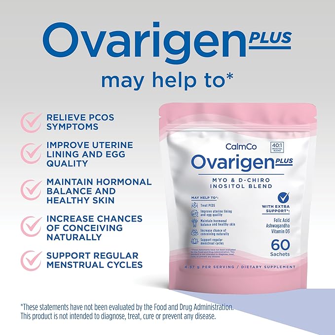 Ovarigen Plus, Myo & D-Chiro Inositol Blend Powder – 40:1 Blend with Folic Acid, Ashwagandha Powder, and Vitamin D3 - Help Manage PCOS Symptom, Hormone Balance, and Natural Fertility Aid, 60 Sachets