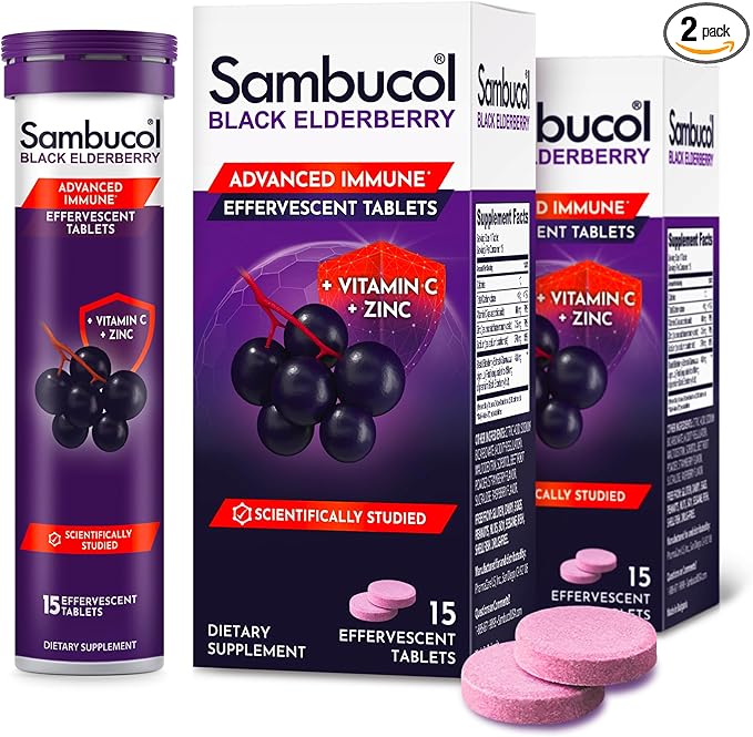 Sambucol Black Elderberry Tablets with Vitamin C & Zinc - Immune Support Supplement, Black Elderberry with Zinc and Vitamin C Effervescent Tablets, High Antioxidants, Drink Fizzies- 30 Count