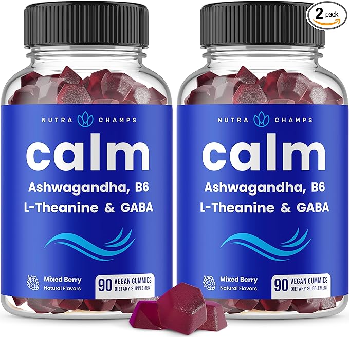 NutraChamps Calm Gummies, Stress Gummies Supplement with Ashwagandha, L-Theanine, GABA, Vitamin B6 & Lemon Balm, 90 Gummies (Pack of 2)
