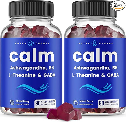 NutraChamps Calm Gummies, Stress Gummies Supplement with Ashwagandha, L-Theanine, GABA, Vitamin B6 & Lemon Balm, 90 Gummies (Pack of 2)