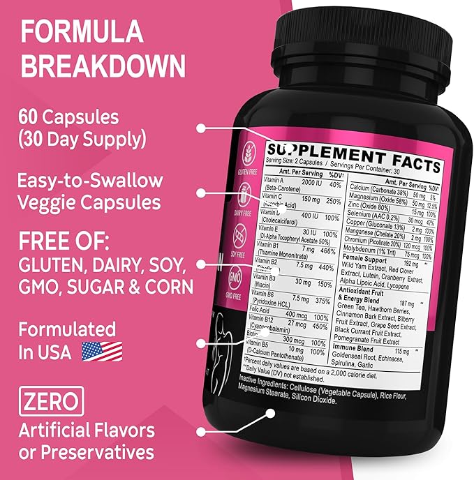 Womens Multivitamin - Natural Daily Multi Vitamins for Women - Womans Energy Vitamin Supplements Magnesium Plus Zinc - Woman Multipurpose Minerals Health Supplement Capsules - Iron & Soy Free Pills