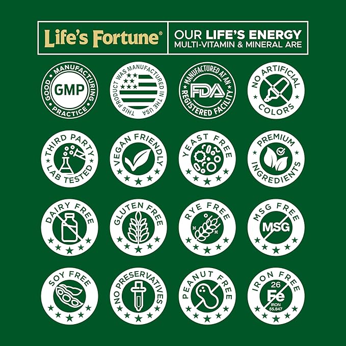 Life's Fortune Life's Energy Advanced Multi-Vitamin and Mineral for Men & Women, Non-GMO - Super Greens - ORAC Berries - AntiOxidants - Enzymes - Iron Free - GMP Tested, 120 Veggie Tablets