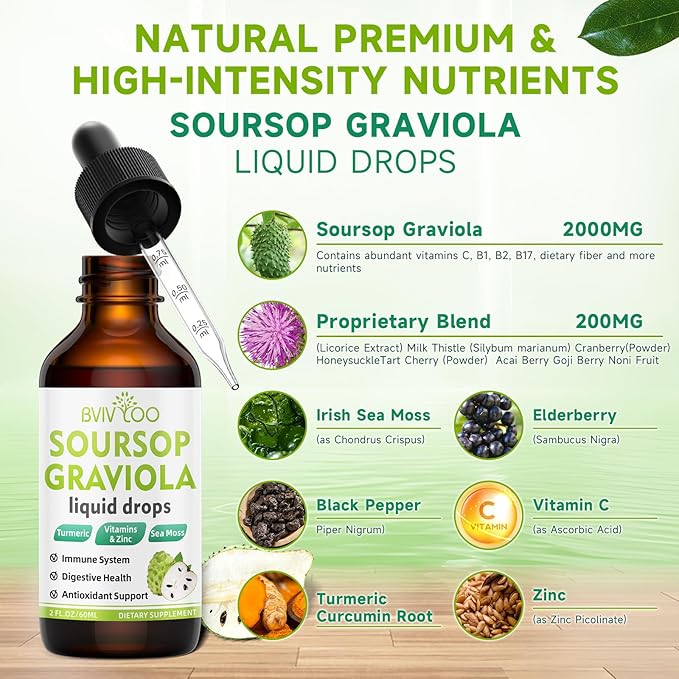2 Pack Soursop Graviola Liquid Drops - 2000mg Pure Soursop Extract Blended with 300mg Sea Moss & 100mg Elderberry - Powerful Cell Support, Antioxidant-Rich, Immune-Boosting - 4 Fl Oz (120ml) Bottle