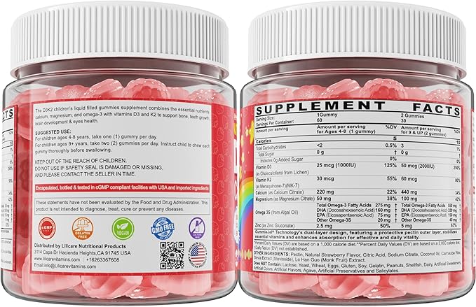 Vitamin D3 K2 Filled Gummies for Kids & Adults, 1000IU/2000IU D3 + K2(MK-7) with Calcium, Magnesium & Algal Omega 3(EPA/DHA) for Bones, Teeth, Muscles, Brain, Low-dose Vitamins, Sugar-Free, 60 Chews