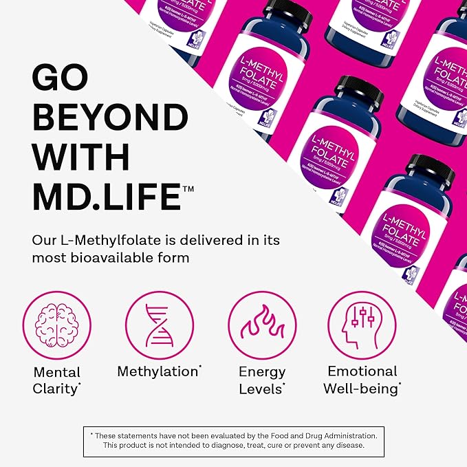 MD Life L-Methylfolate 5mg - Professional-Grade Active Methylfolate Supplement - Maximum Potency MTHFR Supplements - L methylfolate 5mg 120 Capsules - Essential Amino Acids