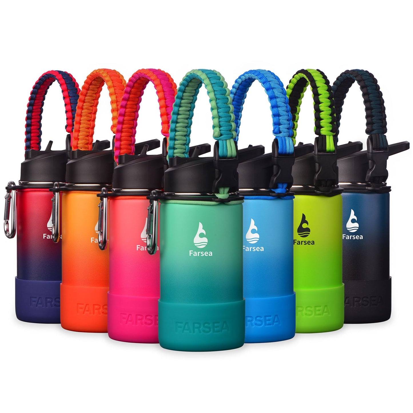 Farsea Insulated Water Bottle With Paracord Handle, Protective Silicone Boot and 2 Lids (Straw Lid & Spout Lid), Stainless Steel Water Bottle Wide Mouth, Double Wall Sweat-Proof BPA-Free,12 oz