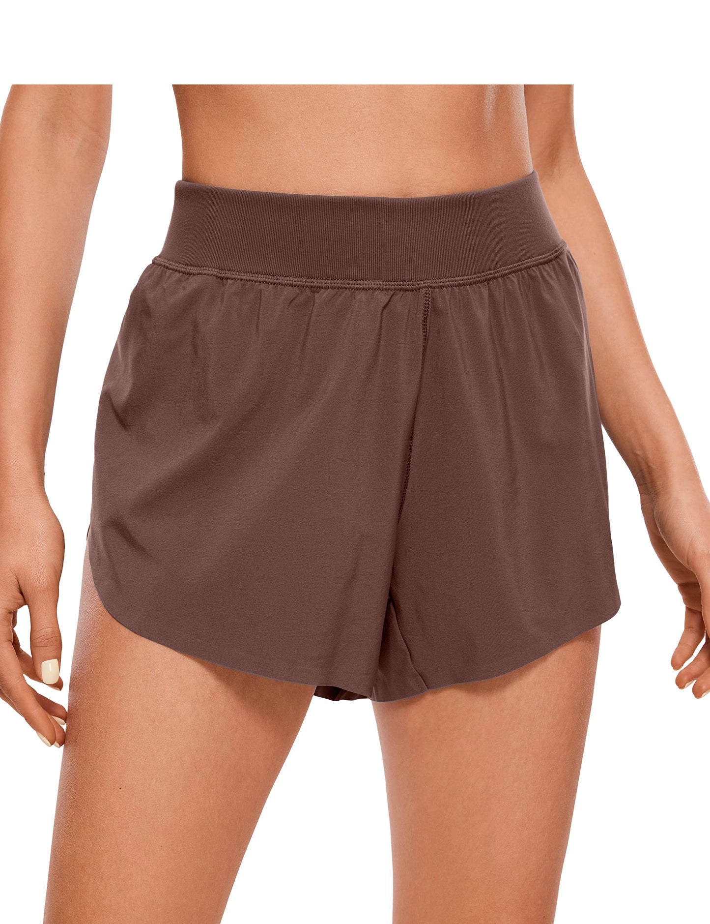 CRZ YOGA Mid Waisted Dolphin Athletic Shorts for Women Lightweight High Split Gym Workout Shorts with Liner Quick Dry Taupe XX-Small