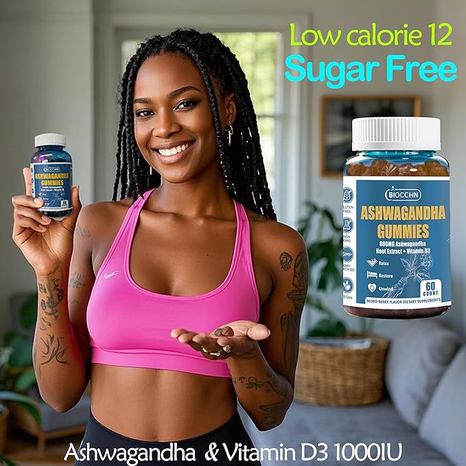 Ashwagandha Gummies ＆ Vitamin D3, Aswangdha Extract Supplement for Women Men(Non-GMO & Gluten Free,Sugar Free)