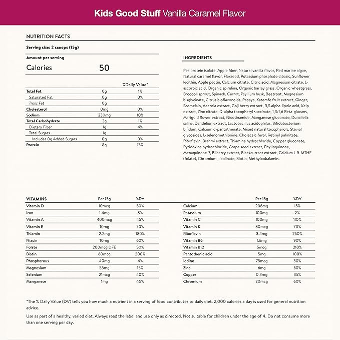 Nuzest - Kids Good Stuff - Vegan Smoothie Mix - Vanilla Caramel - Multivitamin Nutritional Supplement Protein Shake - Dairy Free - Supporting Growth and Development - 225g/ 7.9 oz (15 Servings)