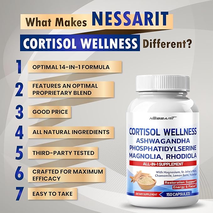 CORTISOL Wellness Ashwagandha 14-in-1 Natural Blend with Phosphatidylserine Magnolia Rhodiola St. John's Wort Peppermint Bacopa - 150 Count - Made & Tested in The USA