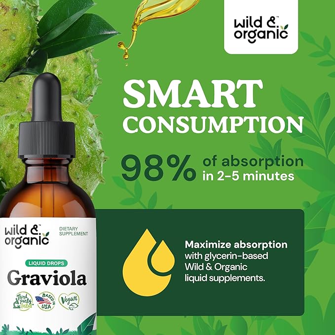 Wild & Organic Soursop Graviola Liquid Drops - Guanabana Leaves & Soursop Fruit Tincture for Antioxidant Support - Graviola Leaf Extract Supplement - Vegan, Sugar & Alcohol-Free - 2 fl oz