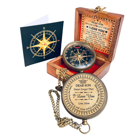 Gift for Son from Mom Dad | Engraved Compass 2" - Father to Son Gifts, Mom to Son Gifts for Graduation, Birthday Baptism Confirmation Communion (Mom to Son - Black Edition)