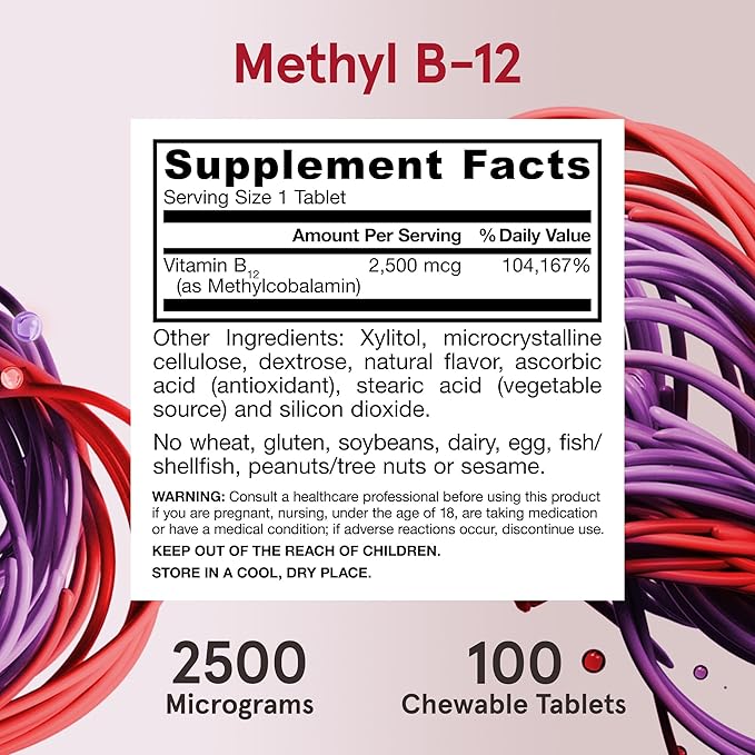 Jarrow Formulas Ultra Strength Methyl B-12, Dietary Supplement for Cellular Energy Production, 100 Tropical-Flavored Chewable Tablets, Up to a 100 Day Supply, Pack of 12