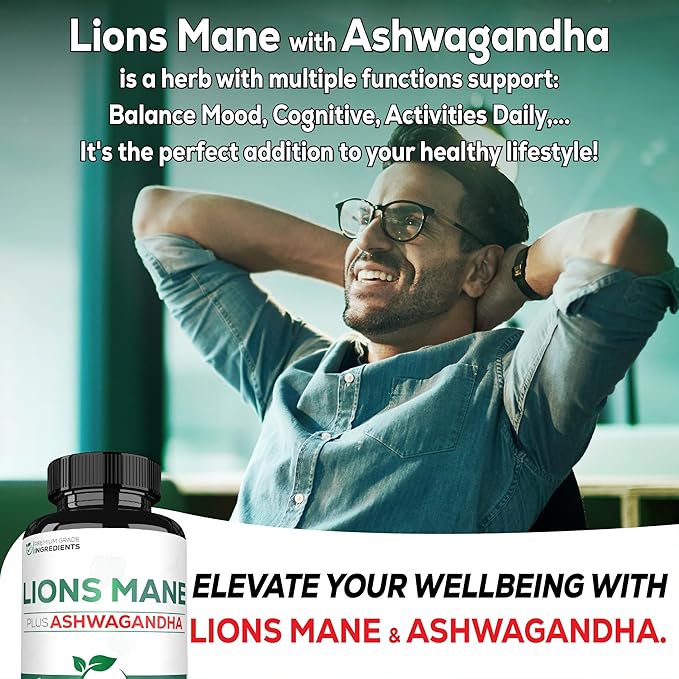Satoomi Lions Mane Supplement Capsules with Ashwagandha Supplement - 270 Capsules - High Concentrated for Restful Mind, Brain Health, Immune System & Focus Support - Gluten-Free, Non-GMO