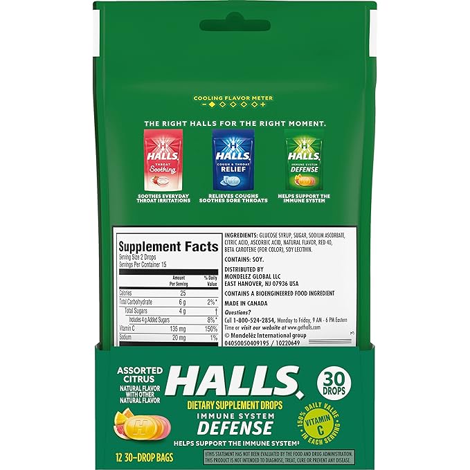 HALLS Defense Assorted Citrus Vitamin C Drops, Dietary Supplement Drops, 12 Bags of 30 Drops (360 Total Drops)