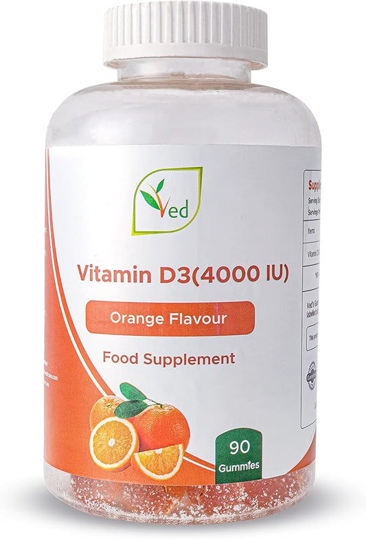 Ved Vitamin D3 Gummies for Adults 4000IU, Non GMO- Gluten Free, Orange Flavour -High Strength 90 Chewable Gummies (3 Month Supply)