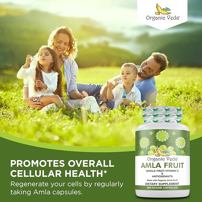 Organic Veda Amla Capsules - 1500mg, 300 Capsules Organic Whole Fruit Amla Powder - Natural Vitamin C for Immunity, Skin Radiance, Antioxidants - Vegan, Non GMO, Raw Vitamin C Supplements