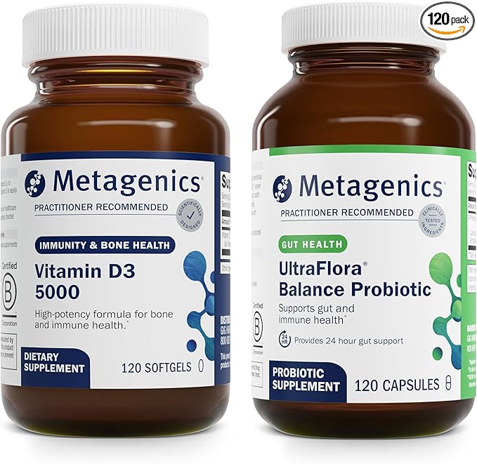 Metagenics Bundle - D3 5000 & UltraFlora Balance - 120 Softgels of D3 5000 for Immune Support, Bone Health & Heart Health - 120 Capsules of UltraFlora Balance for Digestive Health