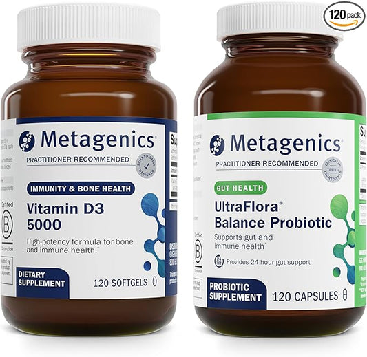Metagenics Bundle - D3 5000 & UltraFlora Balance - 120 Softgels of D3 5000 for Immune Support, Bone Health & Heart Health - 120 Capsules of UltraFlora Balance for Digestive Health