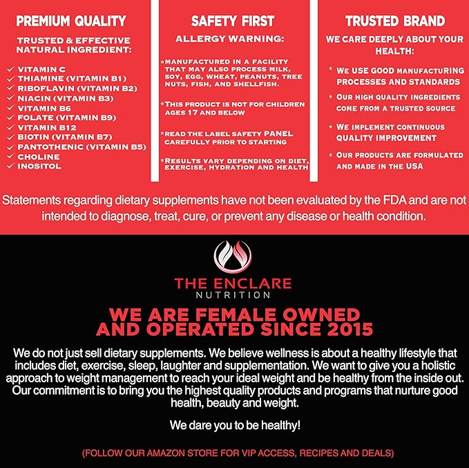 THE ENCLARE NUTRITION Vitamin B12 - Vitamin B Complex with Vitamin C, Biotin, Inositol, Folic Acid, B Vitamins, B1, B2, B3, B4, B5, B6, B7, B8, B9. Brain, Heart, Immune Support, Energy Supplements (1)