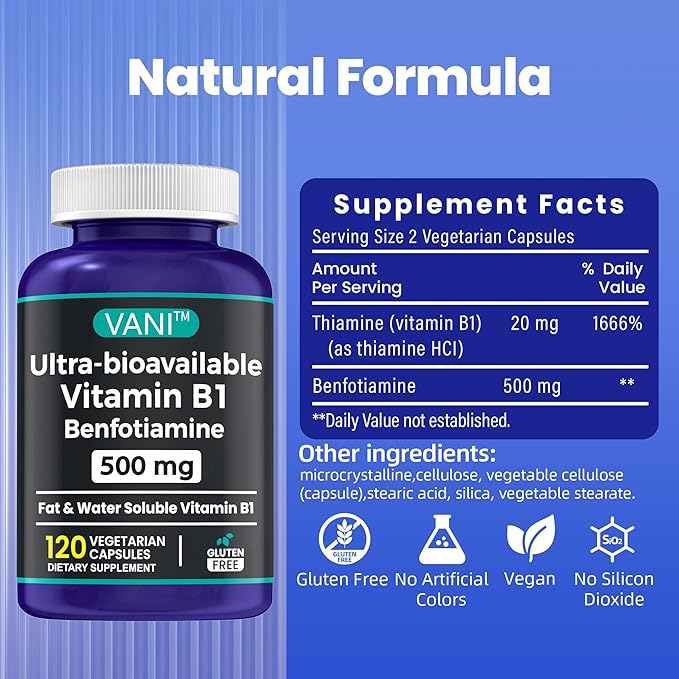 VANI Vitamin B1 with 500mg Benfotiamine, 2 in 1 Enhanced Formula -Fat & Water Soluble Thiamine B1 Supplement | 120 Capsules | Gluten Free