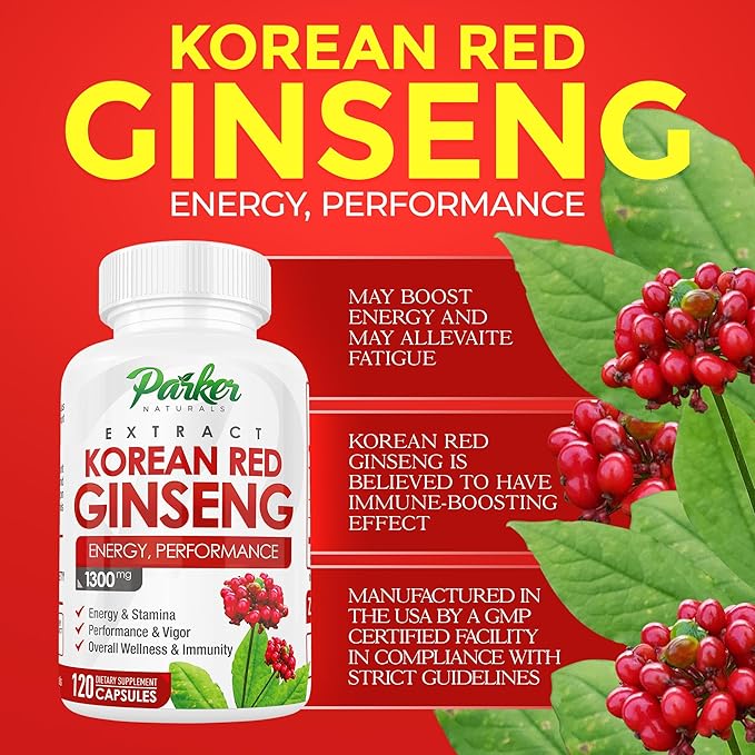Korean Red Ginseng Extract, 1300mg Extract with Ginger Root and Black Pepper, 20% Ginsenosides Red Panax Ginseng Supplement, 120 Caps