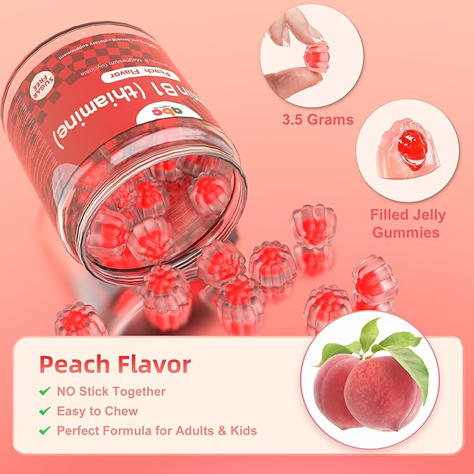 Vitamin B1 Gummies 300mg for Adults & Kids,Chewable Thiamine B1 Supplement with 150mg Magnesium,Nervous System Healthy Energy,Natural Peach Flavor,Non GMO,Vegan 60 Count Sugar-Free 1-Month Supply