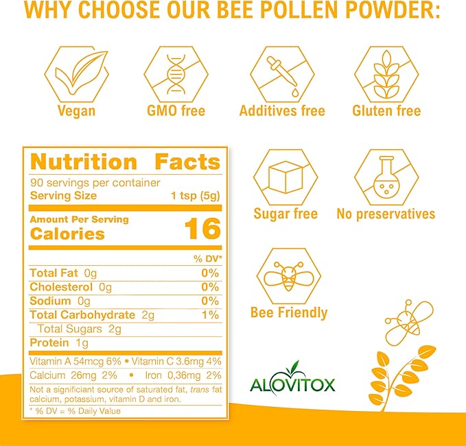 Alovitox Fresh Bee Pollen Powder | 100% Pure, Fresh, Raw | Supports The Immune System | Proteins, Vitamins B6, B12, C, A | Gluten Free, Non-GMO | 16 Oz