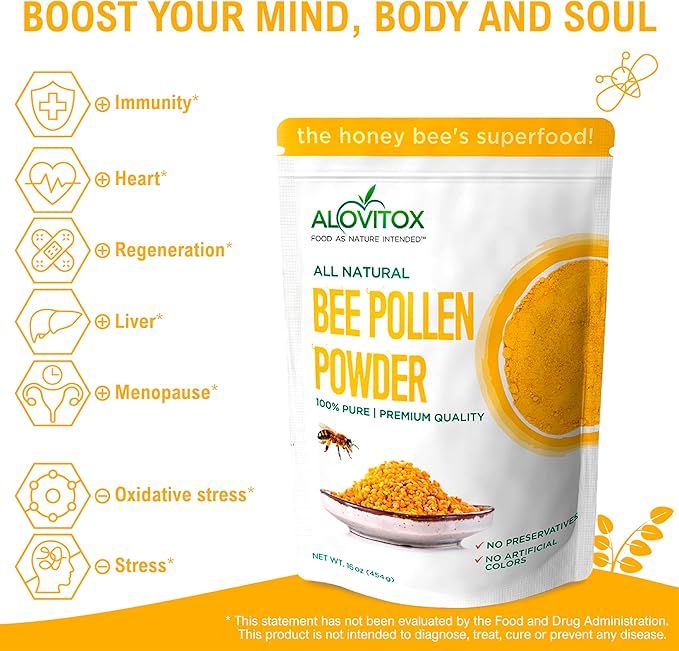 Alovitox Fresh Bee Pollen Powder | 100% Pure, Fresh, Raw | Supports The Immune System | Proteins, Vitamins B6, B12, C, A | Gluten Free, Non-GMO | 16 Oz