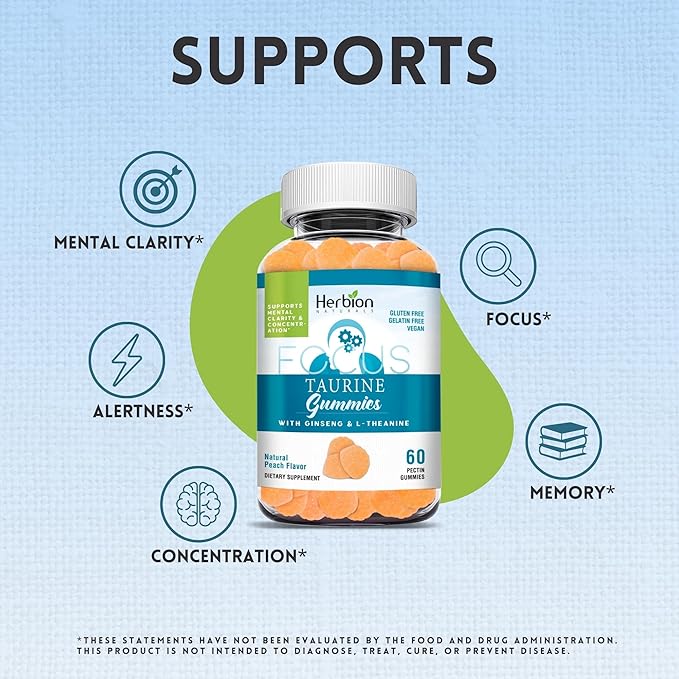 HERBION Naturals Taurine Gummies with Ginseng, L-Theanine, Vitamin C, B3, B6, & B12, Helps Support Mental Clarity & Concentration*, Natural Peach Flavor, Gluten-Free, 60 Pectin Gummies, Made in USA