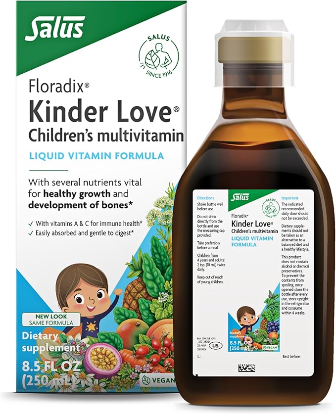 Floradix Kinder Love Children's Multivitamin - Liquid Multivitamin for Kids with Vitamins A, C, D & E, Calcium & More - Vegetarian, Non-GMO, Gluten-Free - 8.5 fl oz
