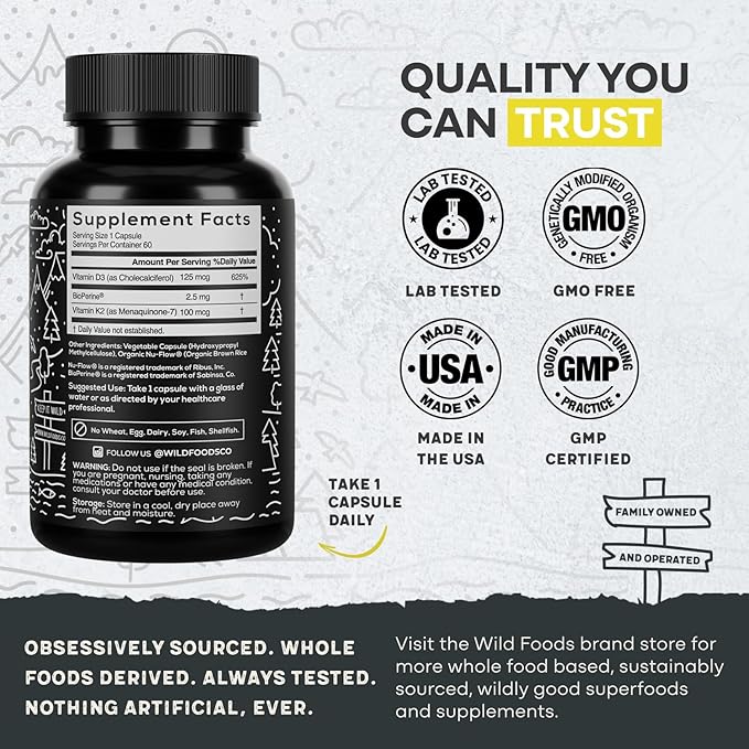 Wild Foods 5000iu Vitamin D3 + K2 | (100mcg Mk7) with Black Pepper Extract, Plant-Based, Non-GMO, Soy & Gluten-Free | Dietary Supplement | Made in USA | 60 Caps (Pack of 2)