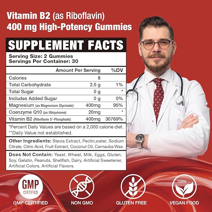 Vitamin B2 Gummies Riboflavin 400mg Strawberries Flavor, 60 Count