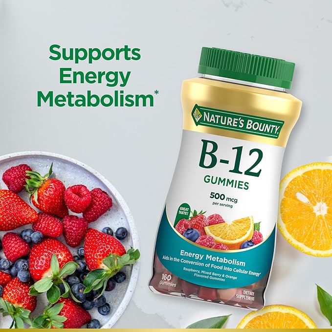 Nature's Bounty Vitamin B12 Gummies, Dietary Supplement, Supports Energy Metabolism and Nervous System Health, Mixed Berry Flavor, 500mcg, 160 Count
