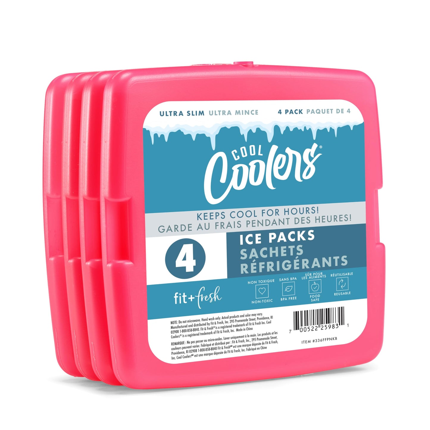Cool Coolers by Fit & Fresh 4 Pack Slim Ice Packs, Quick Freeze Space Saving Reusable Ice Packs for Lunch Boxes or Coolers, Pink