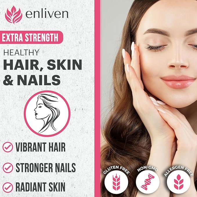 enliven Biotin Hair Skin and Nail Vitamins | Biotin Gummies 5000mcg + for Hair Growth, Skin Care, and Stronger Nails | Berry Flavor (60 Gummies)
