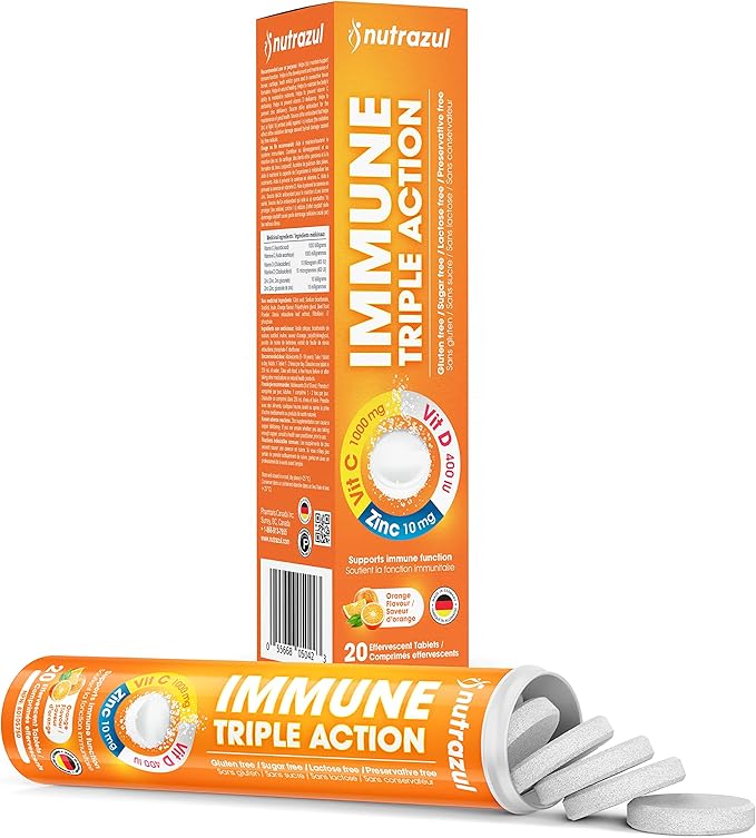 nutrazul Immune Triple Action Effervescent Tablet-1000 mg Vitamin C, Vitamin D, Zinc I Orange 20's (Pack of 3) I Gluten Free, Sugar Free, Lactose Free & Preservative Free I Maintains Immune Function